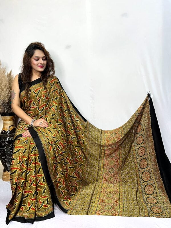 Pure Modal Silk Saree Traditional Ajrakh Block Print with Printed Blouse Piece - Image 2