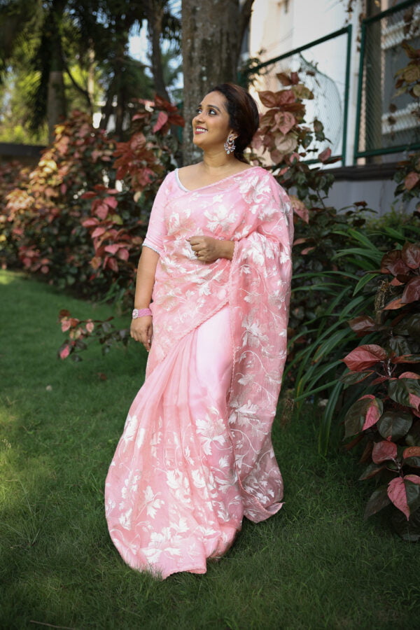 Banarasi Handloom Pure Organza Silk Saree with  Chikankari Embroidery with Crosia Lace Border - Image 2