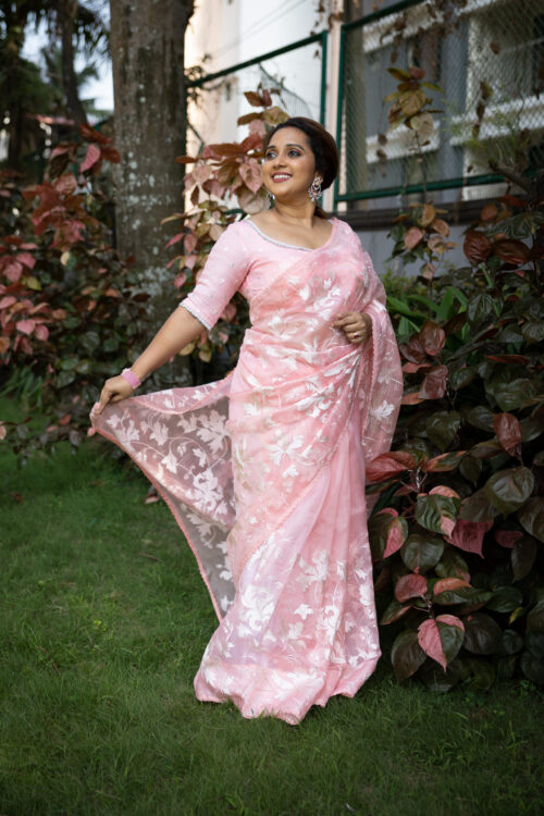 Banarasi Handloom Pure Organza Silk Saree with  Chikankari Embroidery with Crosia Lace Border