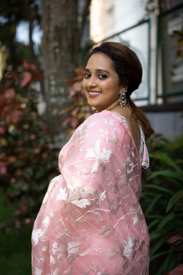 Banarasi Handloom Pure Organza Silk Saree with  Chikankari Embroidery with Crosia Lace Border - Image 3