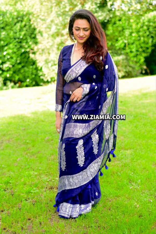 Banarasi Handloom Pure Khaddi Georgette Chiffon Silk Saree with Silver Zari Weaving