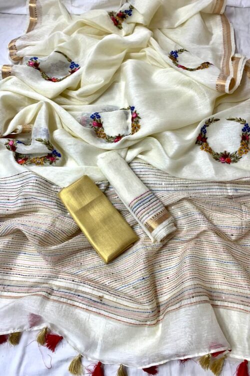 Linen Silk Saree with French Knot Necklace Embroidery
