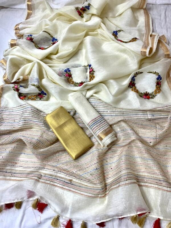 Linen Silk Saree with French Knot Necklace Embroidery
