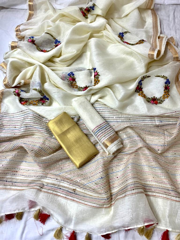 Linen Silk Saree with French Knot Necklace Embroidery
