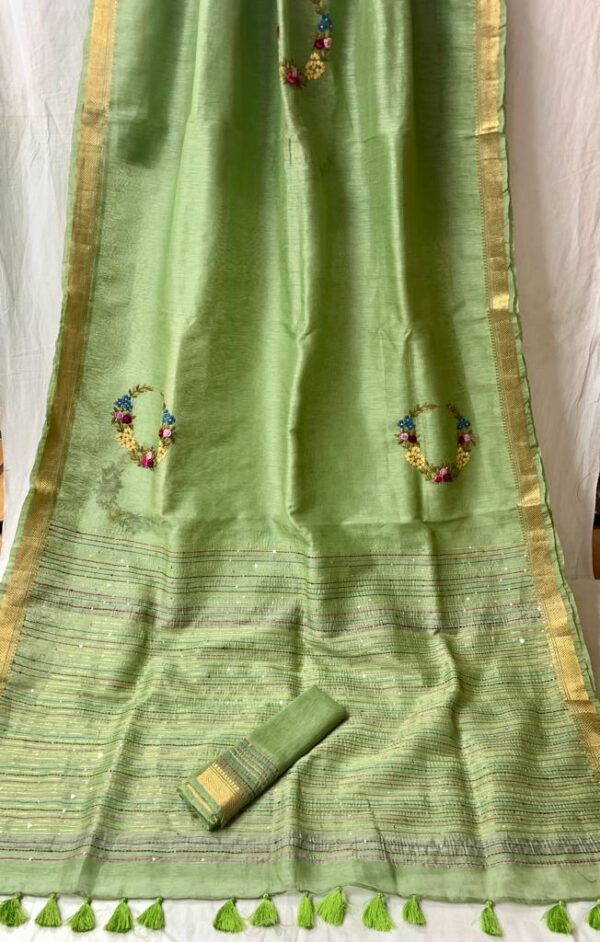 Linen Silk Saree with French Knot Necklace Embroidery - Image 2