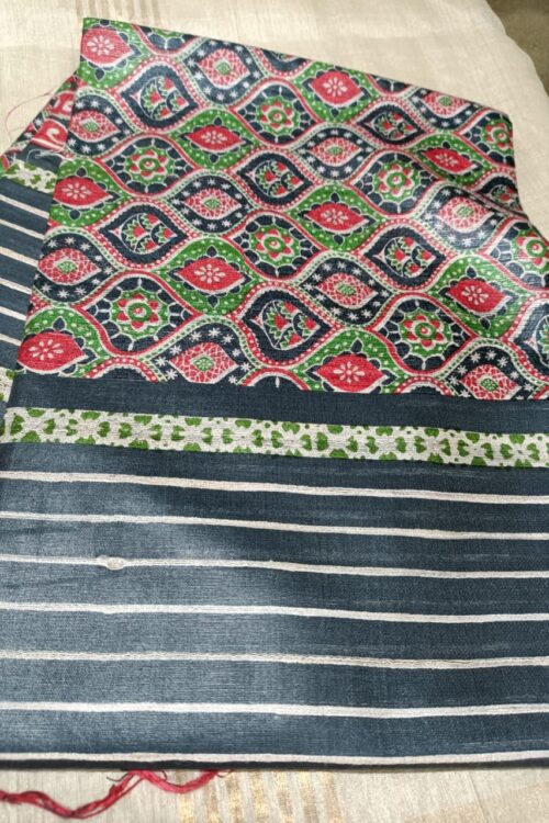 Block printed pure Tussar Jute silk Saree.