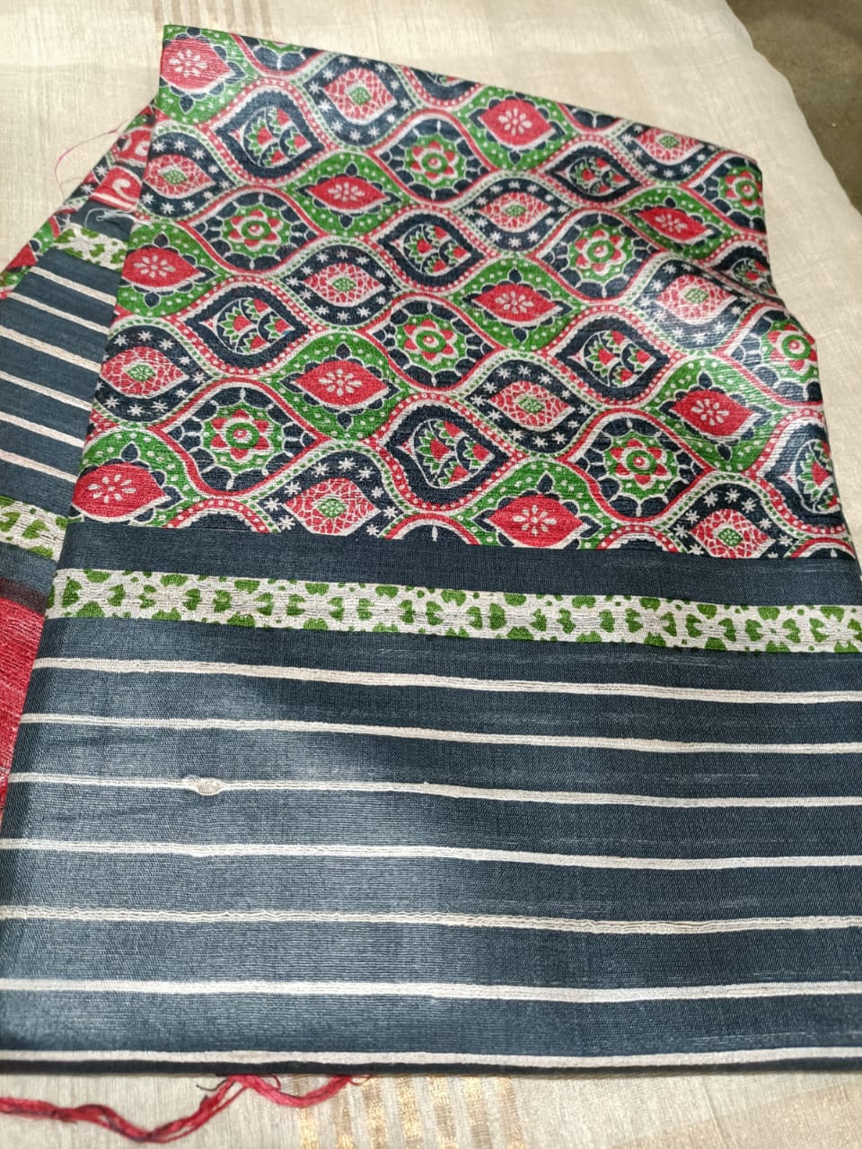 Block printed pure Tussar Jute silk Saree.