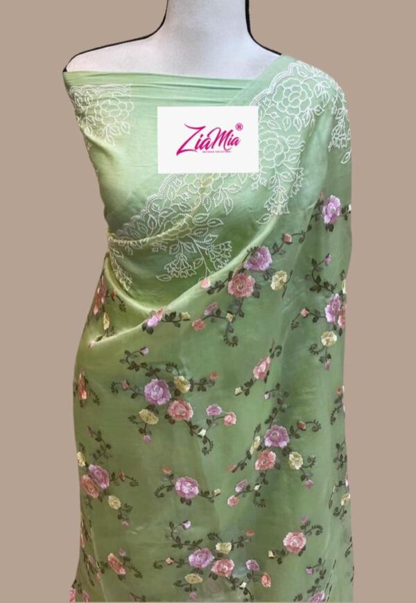 Pure Organza Silk Saree with Chikenkari Embroidery with Blouse Piece - Image 2