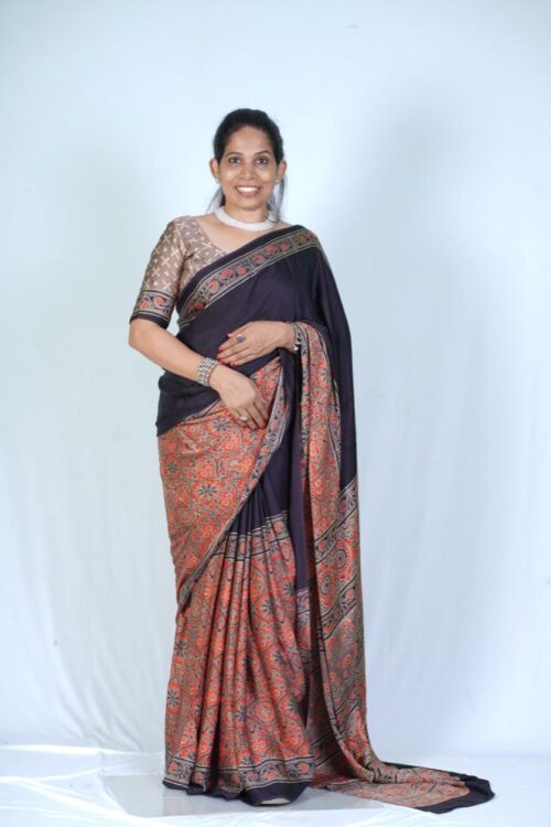 Pure Modal Silk Saree Traditional Ajrakh Block Print with Printed Blouse Piece