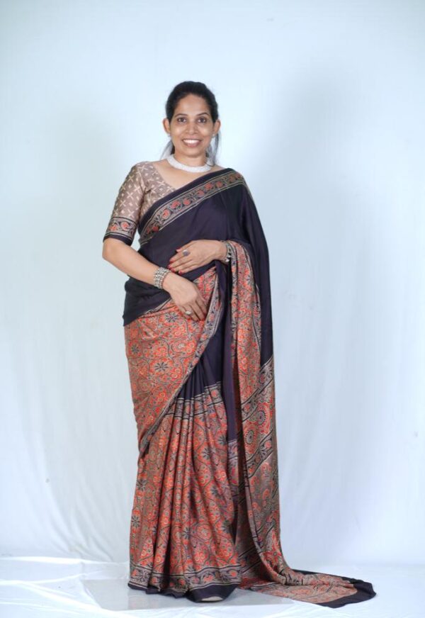 Pure Modal Silk Saree Traditional Ajrakh Block Print with Printed Blouse Piece