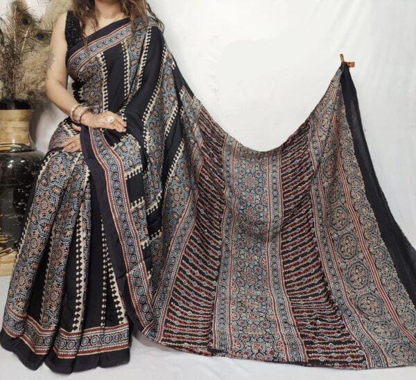 Pure Modal Silk Saree Traditional Ajrakh Block Print with Printed Blouse Piece - Image 3