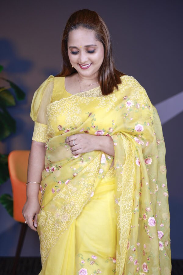 Pure Banarasi kora Organza silk saree with Beautiful Chikankari Embroidery work with blouse piece - Image 3
