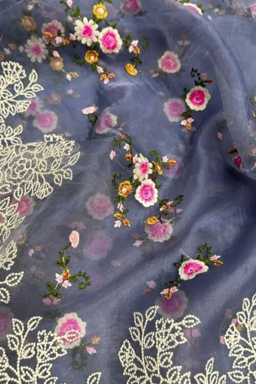 Pure Kota organza silk Saree with machine embroidery work with plain blouse piece