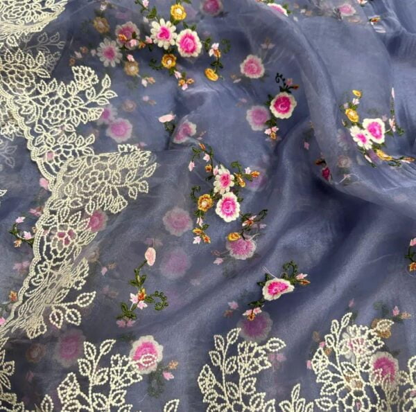 Pure Kota organza silk Saree with machine embroidery work with plain blouse piece