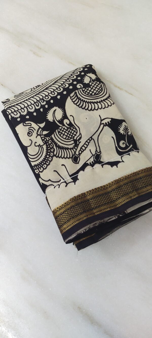 Mangalgiri Silk Black and White Hand Drawn and Hand Painted Saree
