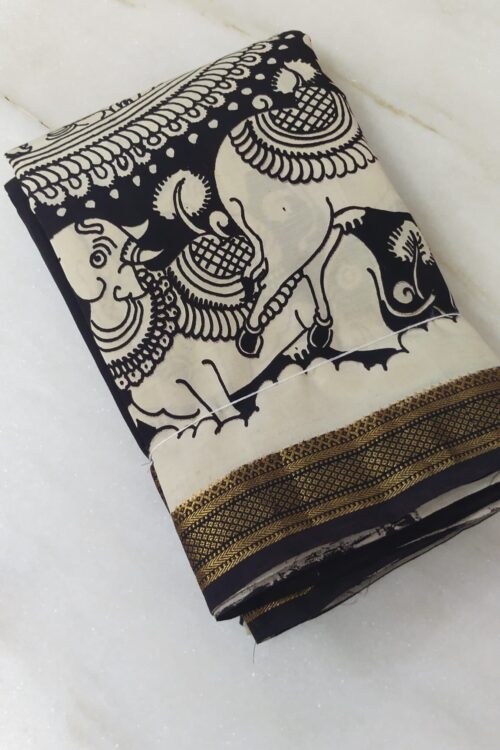 Mangalgiri Silk Black and White Hand Drawn and Hand Painted Saree