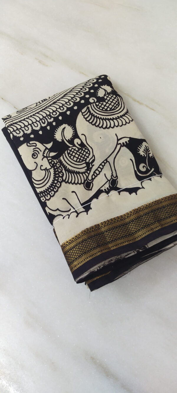 Mangalgiri Silk Black and White Hand Drawn and Hand Painted Saree