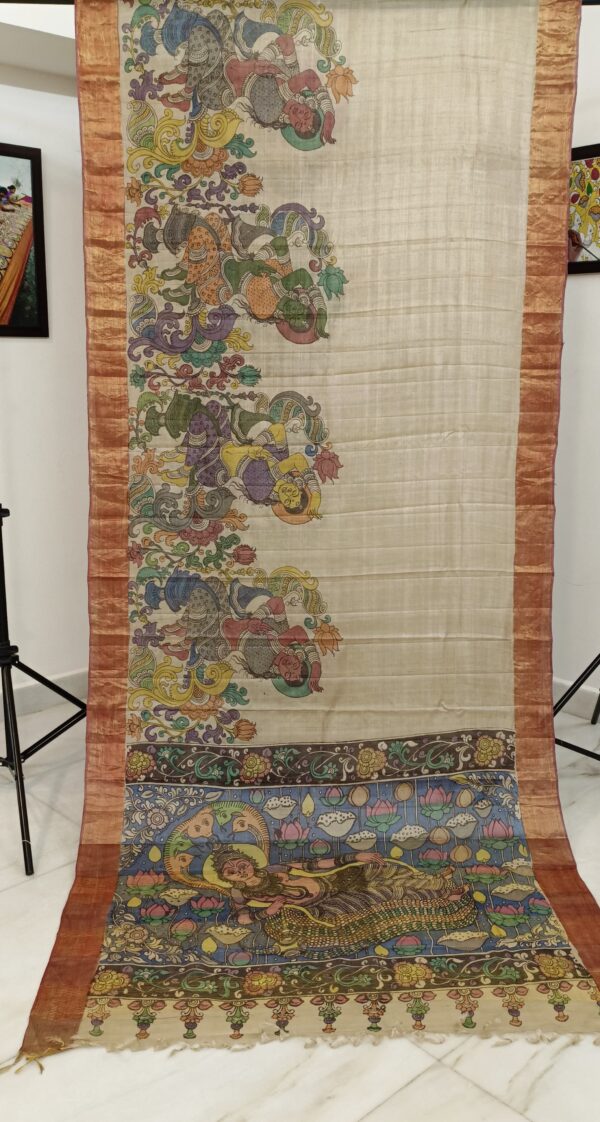 Pure Tussar silk saree Hand Drawn and Hand painted pen Kalamkari design - Image 2