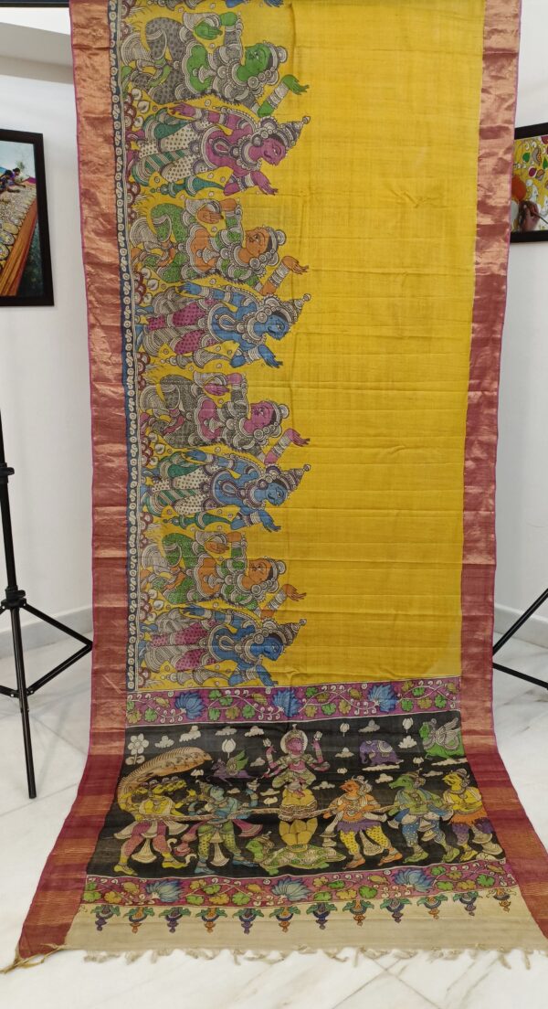 Pure Tussar silk saree Hand Drawn and Hand painted pen Kalamkari design