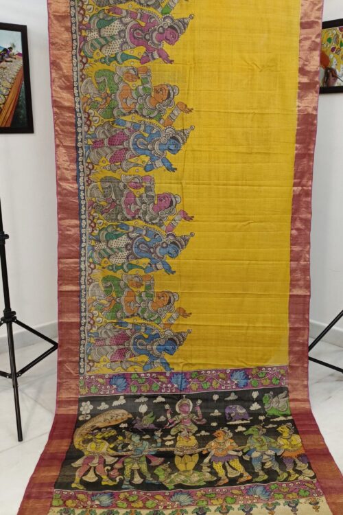 Pure Tussar silk saree Hand Drawn and Hand painted pen Kalamkari design