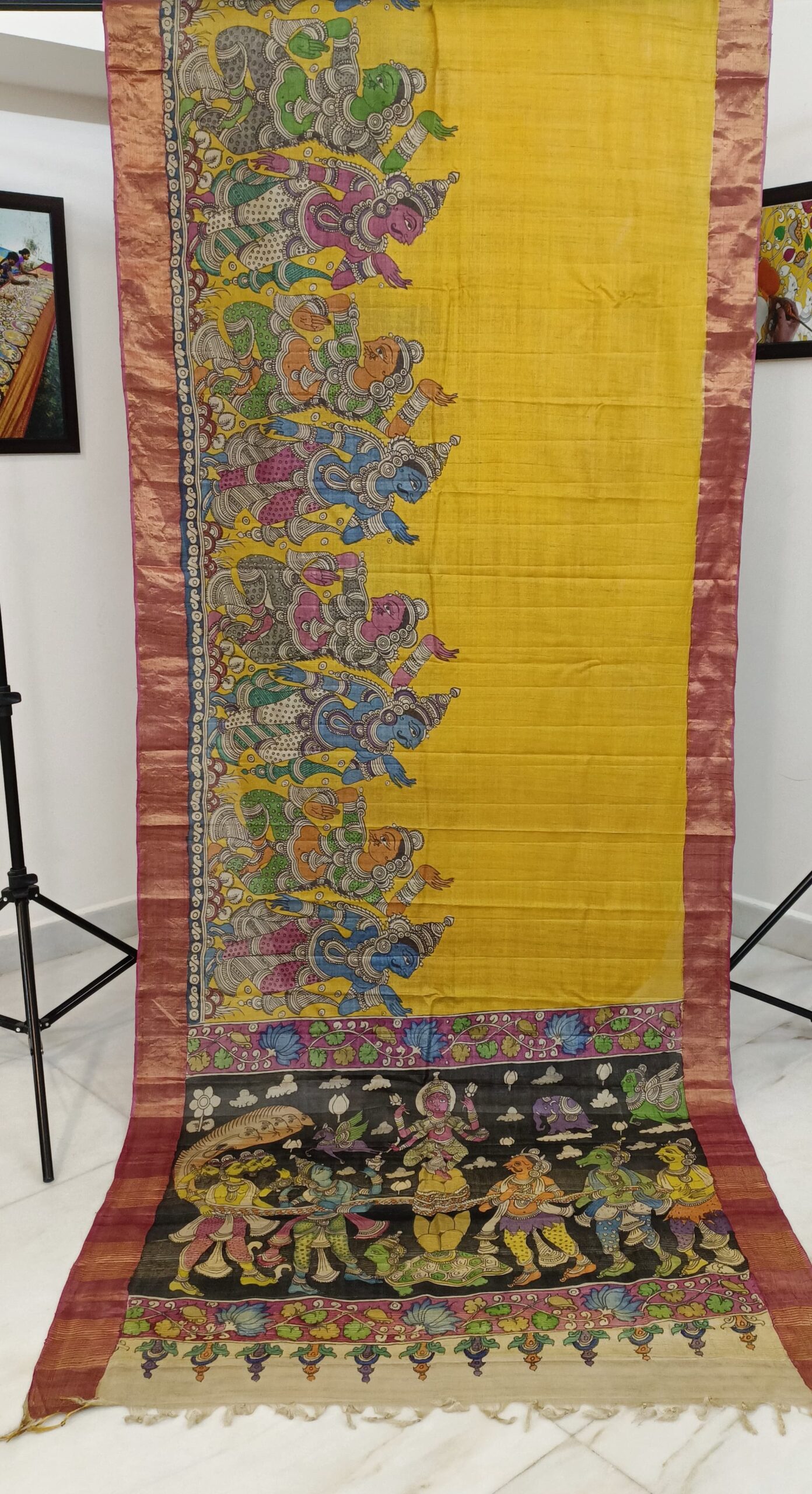 Pure Tussar silk saree Hand Drawn and Hand painted pen Kalamkari design