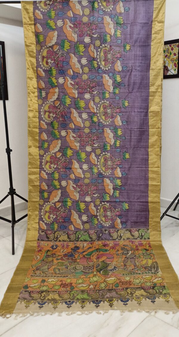 Pure Tussar silk saree Hand Drawn and Hand painted pen Kalamkari design - Image 3