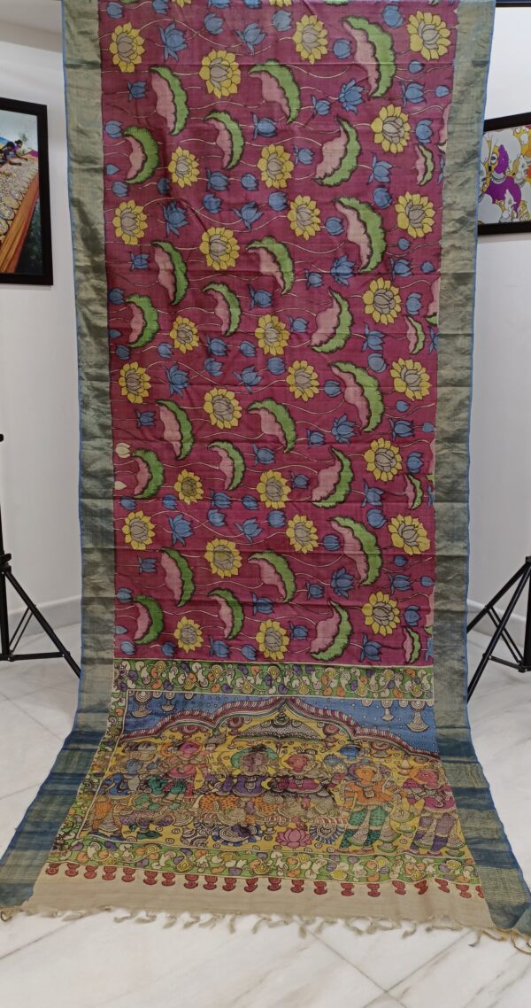 Pure Tussar silk saree Hand Drawn and Hand painted pen Kalamkari design - Image 4