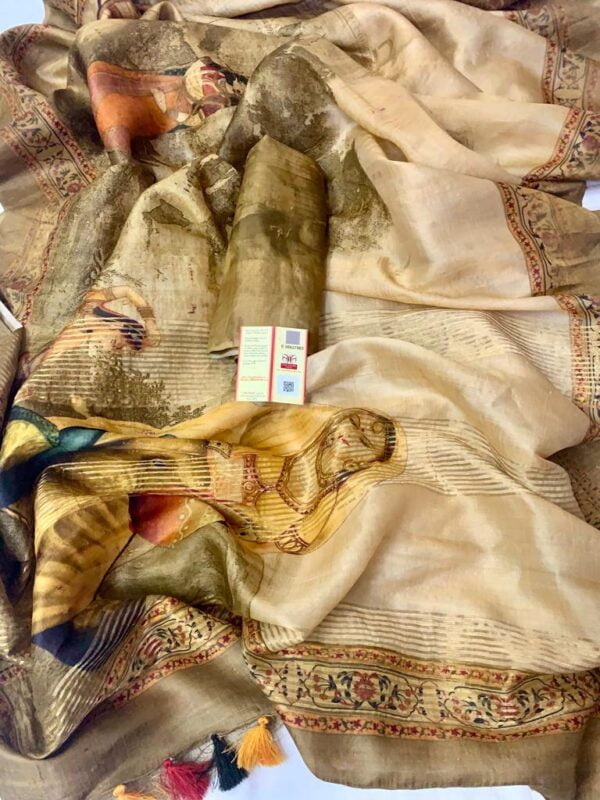 100% Bishnupuri Handloom Digital Printed Tussar Silk  Saree with Blouse Piece - Image 3