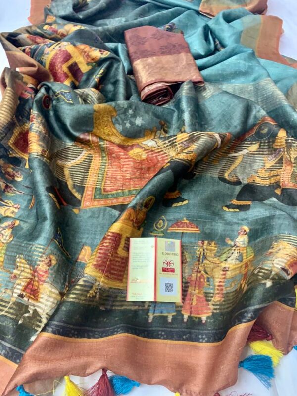 100% Bishnupuri Handloom Digital Printed Tussar Silk  Saree with Blouse Piece - Image 2