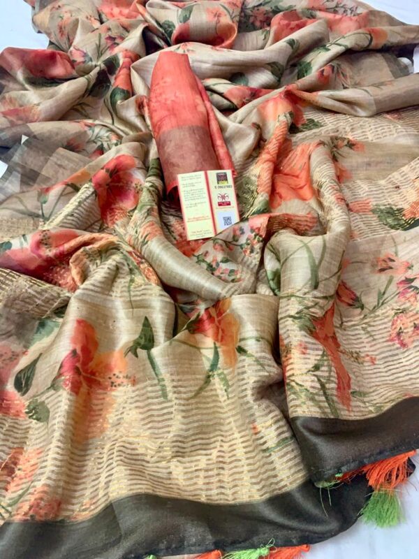 100% Bishnupuri Handloom Digital Printed Tussar Silk  Saree with Blouse Piece - Image 7