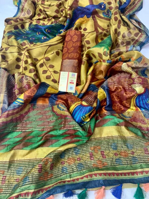 100% Bishnupuri Handloom Digital Printed Tussar Silk  Saree with Blouse Piece - Image 6