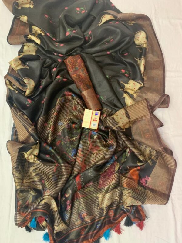 100% Bishnupuri Handloom Digital Printed Tussar Silk  Saree with Blouse Piece - Image 5