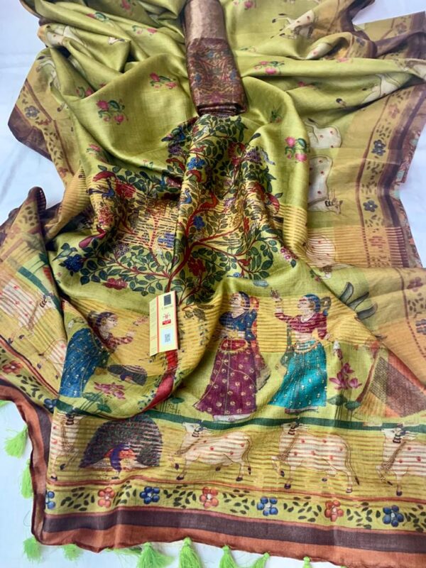 100% Bishnupuri Handloom Digital Printed Tussar Silk  Saree with Blouse Piece - Image 4