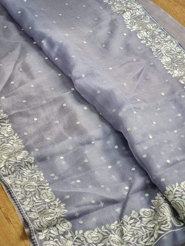 BanarasI Handloom Pure Organza Silk Heavy Chikankari Embroidery Saree - Image 4