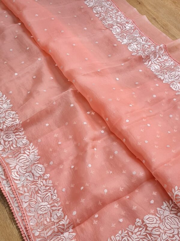 BanarasI Handloom Pure Organza Silk Heavy Chikankari Embroidery Saree - Image 8