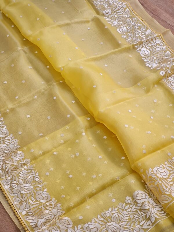 BanarasI Handloom Pure Organza Silk Heavy Chikankari Embroidery Saree - Image 3