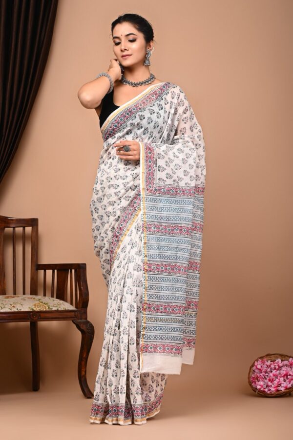 Hand block Printed Cotton Chanderi Silk Saree. - Image 11