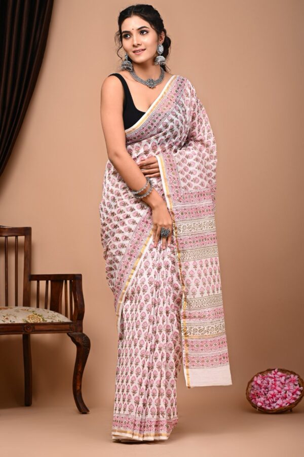 Hand block Printed Cotton Chanderi Silk Saree. - Image 10