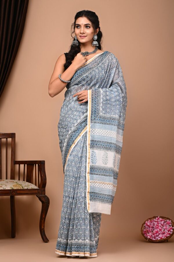 Hand block Printed Cotton Chanderi Silk Saree. - Image 8