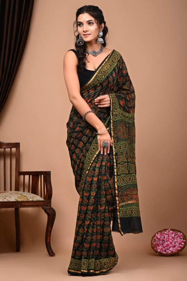 Hand block Printed Cotton Chanderi Silk Saree. - Image 9