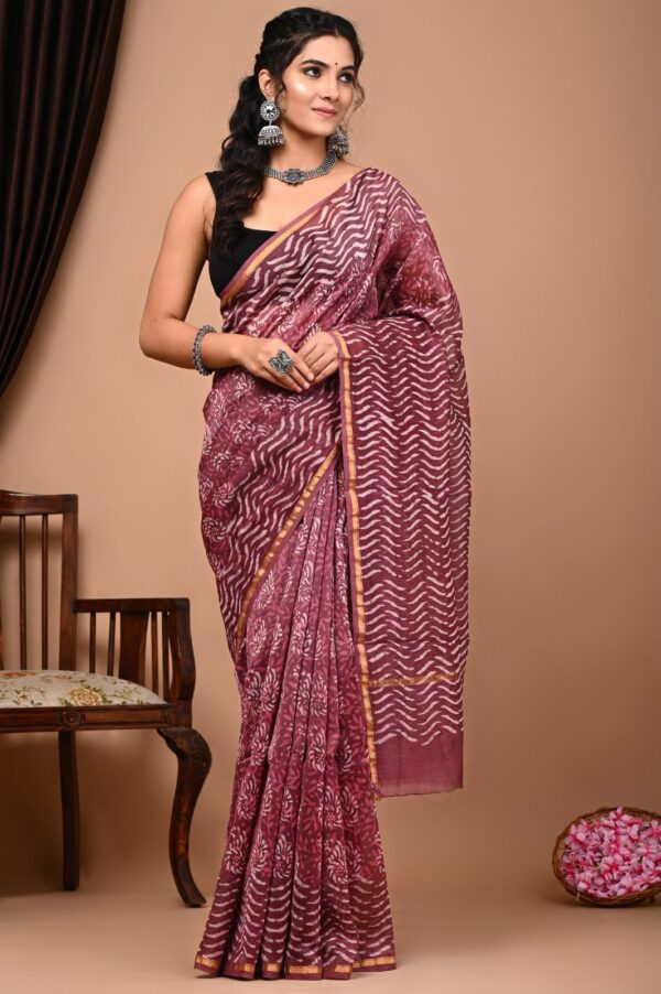 Hand block Printed Cotton Chanderi Silk Saree. - Image 7