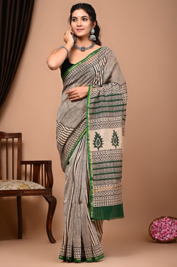 Hand block Printed Cotton Chanderi Silk Saree. - Image 6