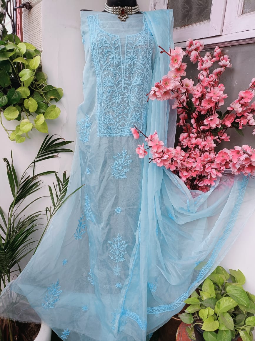 Organza Silk Intricate Chikankari Top & Dupatta set