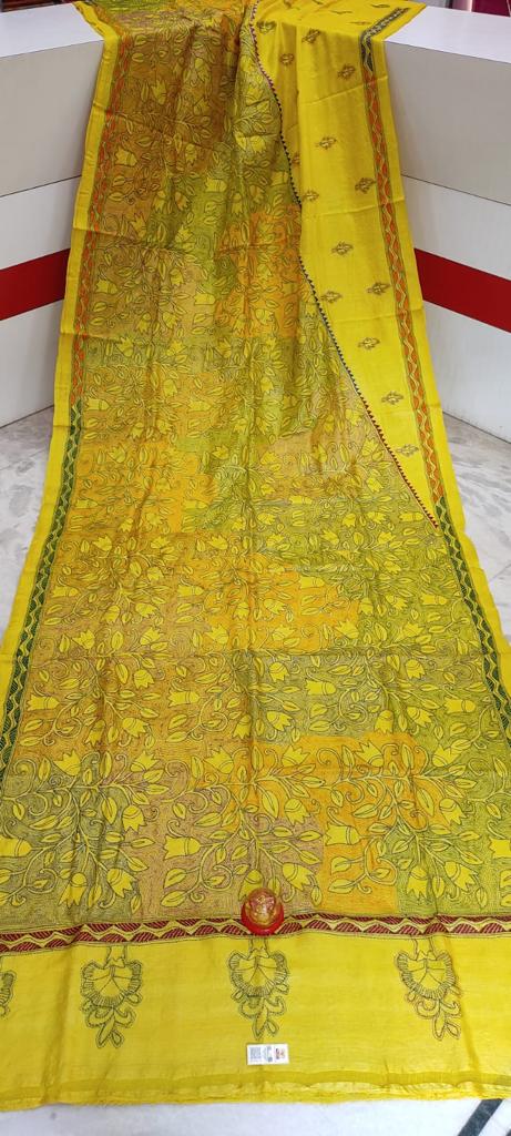 Handloom Pure Gachi Tussar silk with Reverse Kantha Hand Embroidery