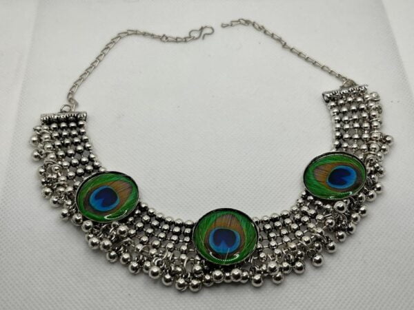 Oxidised Silver  Peacock Feather Design Choker Necklace with Matching Earrings