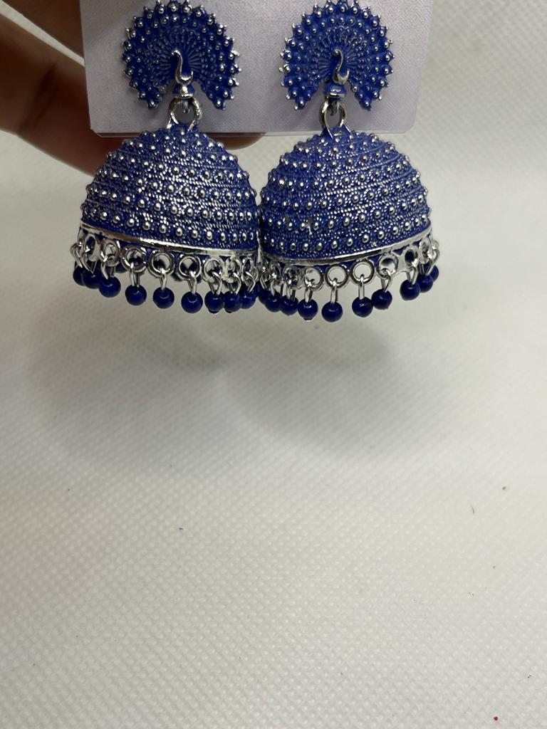 Ethnic Traditional Blue Color Oxidised Jhumka Earrings.