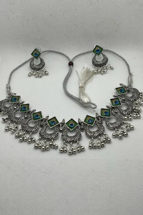 Oxidised Silver Necklace Peacock Color Design with Matching Earrings