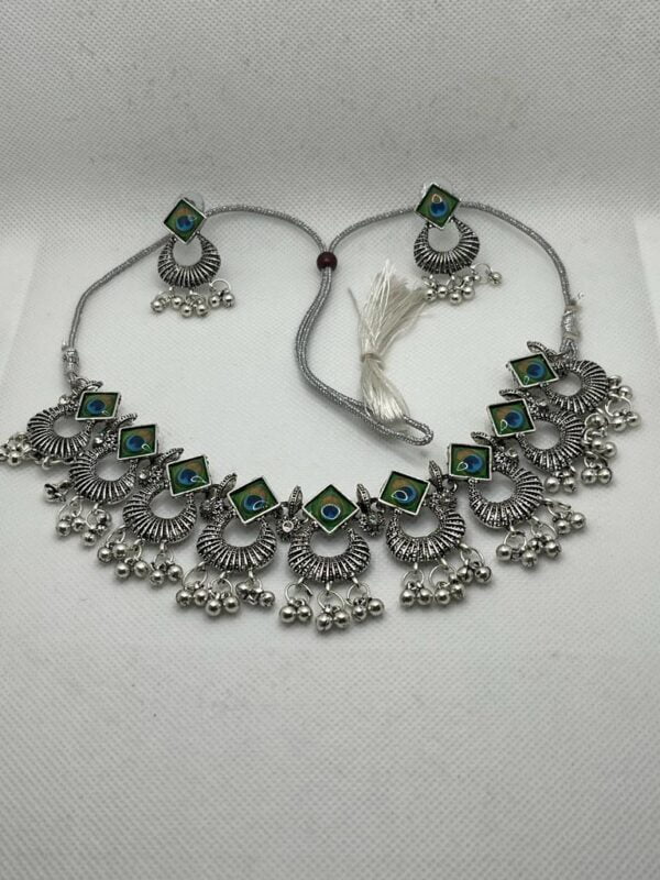 Oxidised Silver Necklace Peacock Color Design with Matching Earrings