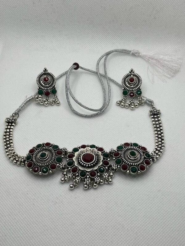 Brass Rhodium Silver Choker with Matching Earrings
