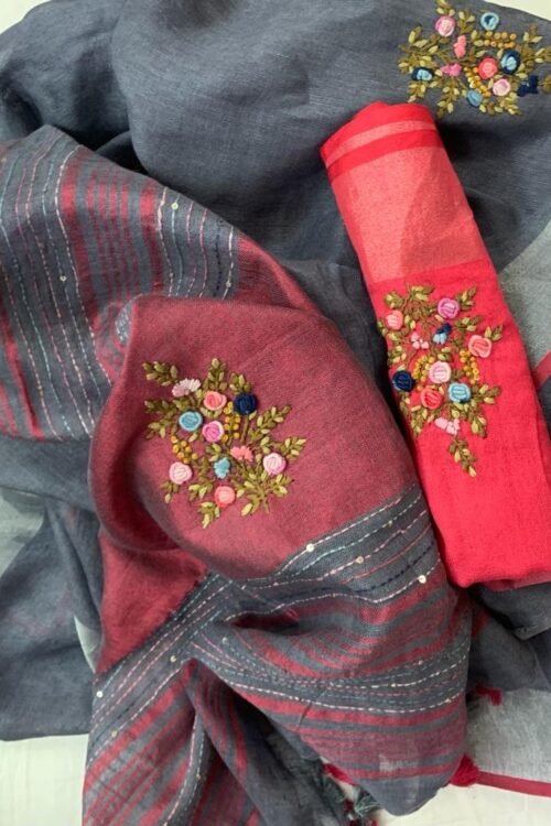 Pure 100% 120 count Aditya Birla Linen saree with Hand Embroidery work